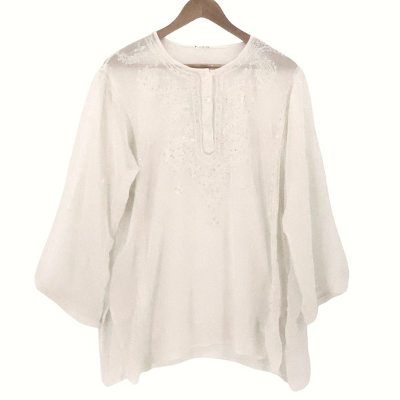 Tops - Boho Embroidered Sequin Chiffon Sheer Tunic Top Womens Size L Cream Festival